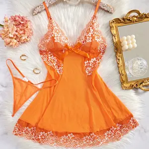 Women Erotic Curvy Embroidery with Lingerie Set Lace Sexy V-Neck Spaghetti Straps Dress G-String and Suspender Corset Body Lingerie