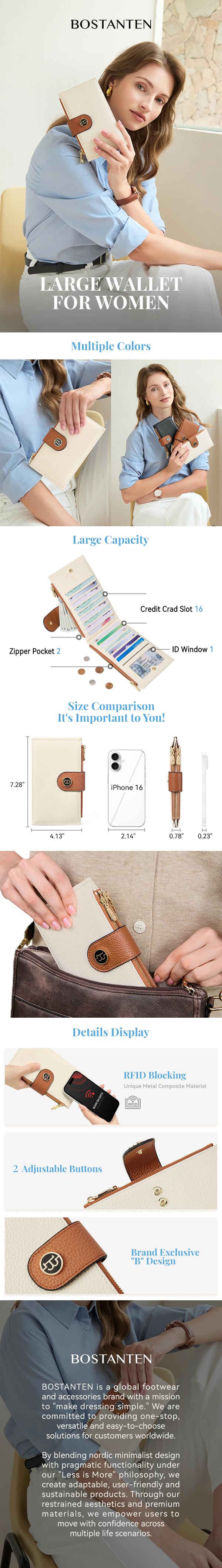 BOSTANTEN Long Wallet for Women Trendy Clutch with Zipper Pockets and Card Slots RFID Blocking Leather Wallet Slim Bifold Purse Mom Pouch