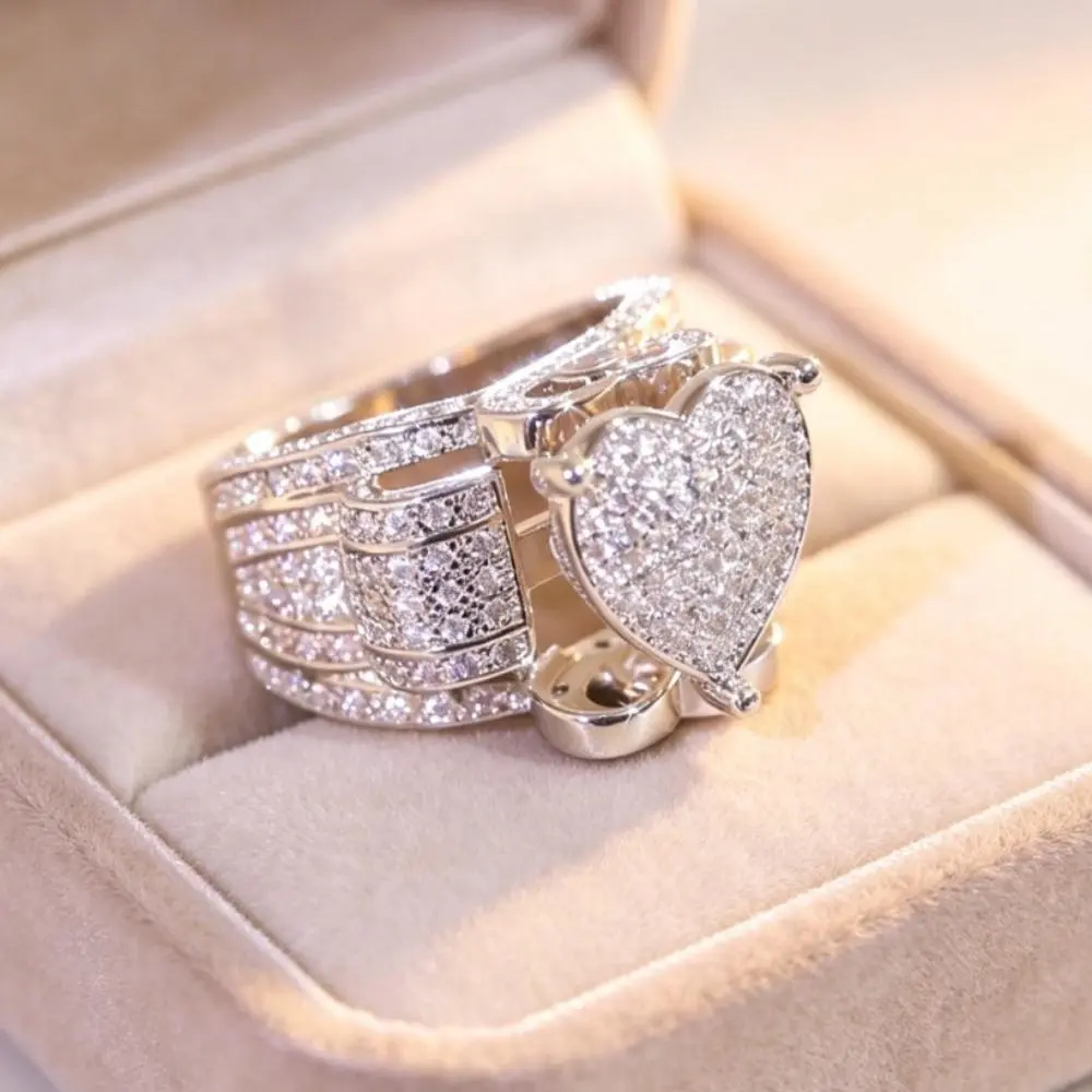 Heart-Shaped Micro-Paved  Promise Ring for GF, Engagement Rings for Women, Wide Band Statement Ring for Wedding Ring