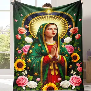 Countdown Sale! Religious Theme Flannel Sofa Bed Blanket, Guadalupe Virgin Rose Comfortable for Bedroom & Living Room, Gift for Believers, Four Seasons cozy flannel blanket Suitable for giving as gifts to friends, parents and children