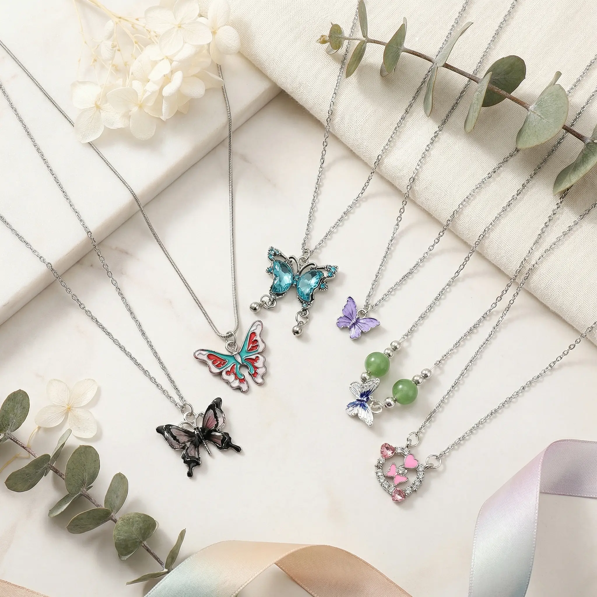 6 Pcs Butterfly Necklace Set, Dainty Silver-Tone Cute Butterfly Pendant Necklaces for Women, Trendy Layering Jewelry for Daily & Party Wear Pendants Jewelry Matching Necklaces Set