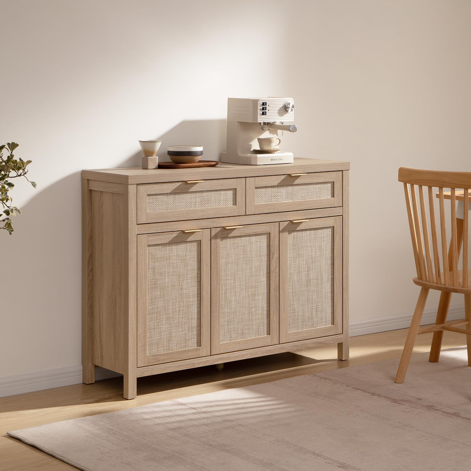 SICOTAS Rattan Sideboard Buffet Cabinet - Boho Farmhouse Credenza with 3 Doors and 2 Drawers, Storage Console Cabinet for Kitchen, Living Room, Entryway, Coffee Bar and Home Decor SICOTAS Rattan Sideboard Buffet Cabinet - Boho Farmhouse Credenza with 3 Doors and 2 Drawers, Storage Console Cabinet for Kitchen, Living Room, Entryway, Coffee Bar and Home Decor