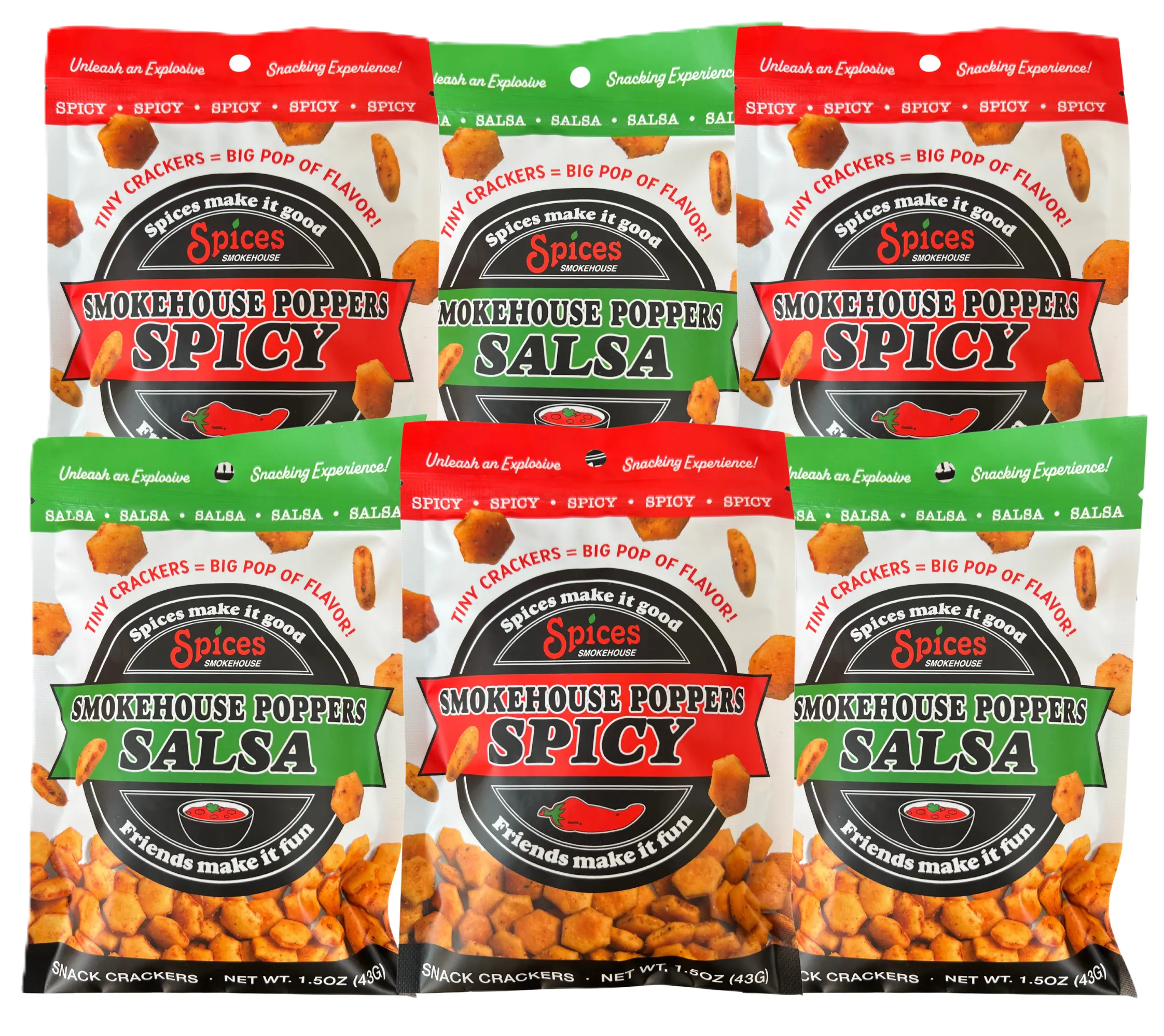 Smokehouse Poppers Snacks - Spicy and Salsa Variety - 1.5 oz bags - 6 ct.