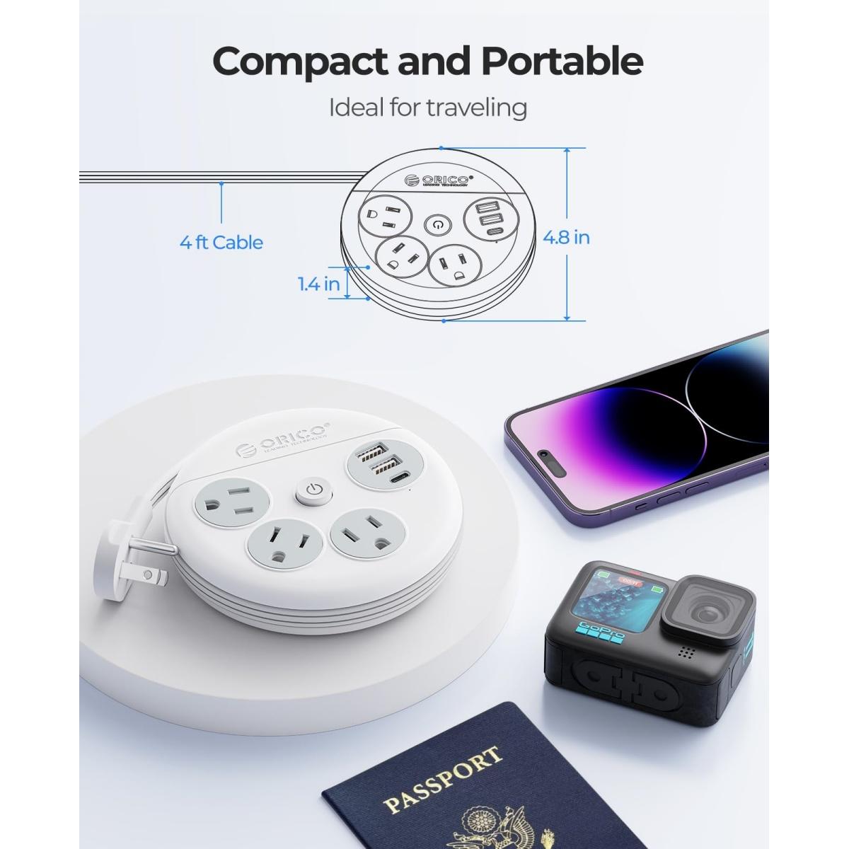 ORICO Travel Power Strip, Travel Essentials, Travel Extension Cord with 3 Outlets 3 USB Ports, 4FT Wrapped Around Extension Cord for Travel Cruise Ship Beach Vacation Essentials White-OR
