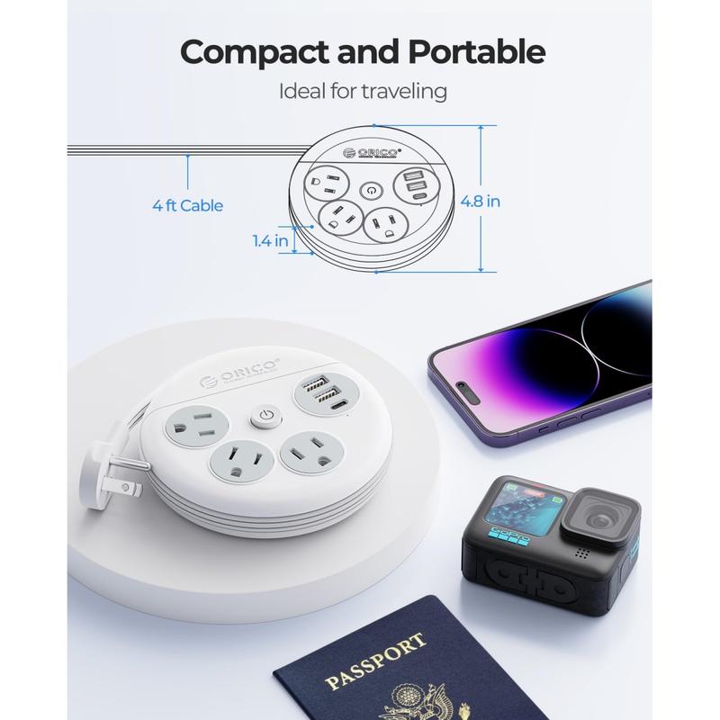 ORICO Travel Power Strip, Travel Essentials, Travel Extension Cord with 3 Outlets 3 USB Ports, 4FT Wrapped Around Extension Cord for Travel Cruise Ship Beach Vacation Essentials White-OR