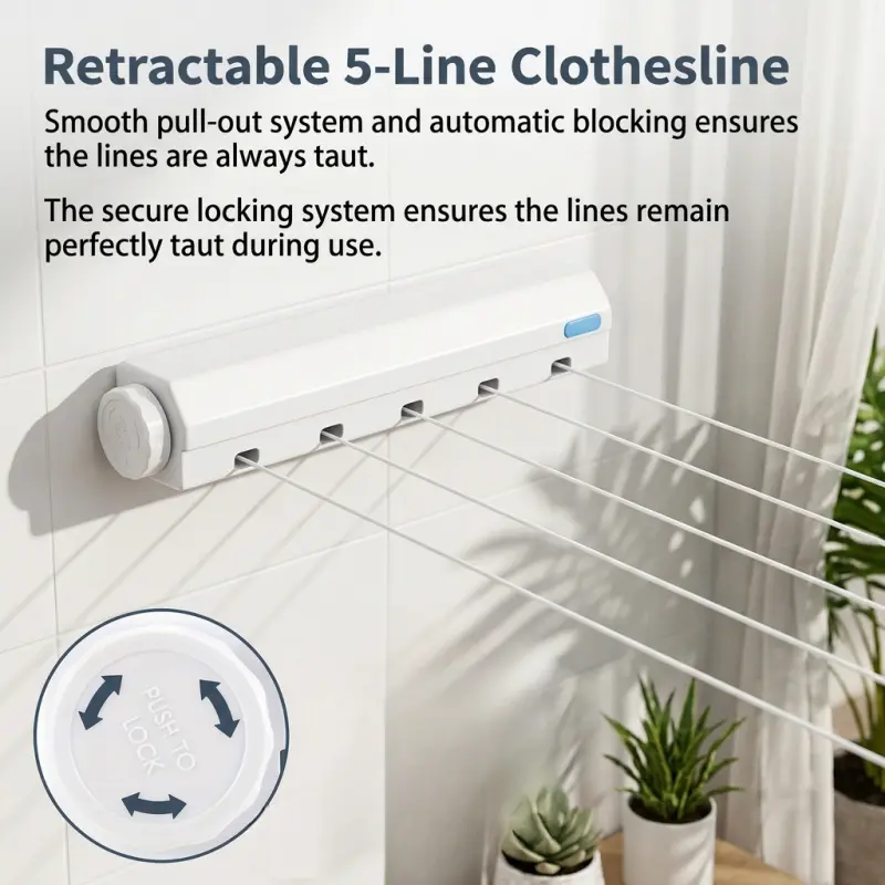 Retractable 5-Line Clothesline, Wall-Mounted Heavy-Duty Retractable Laundry Line with Automatic Locking System, Space-Saving Indoor/Outdoor Clothes Drying Line for Balcony, Bathroom & Laundry Room, Wall Mounted Clotheslines