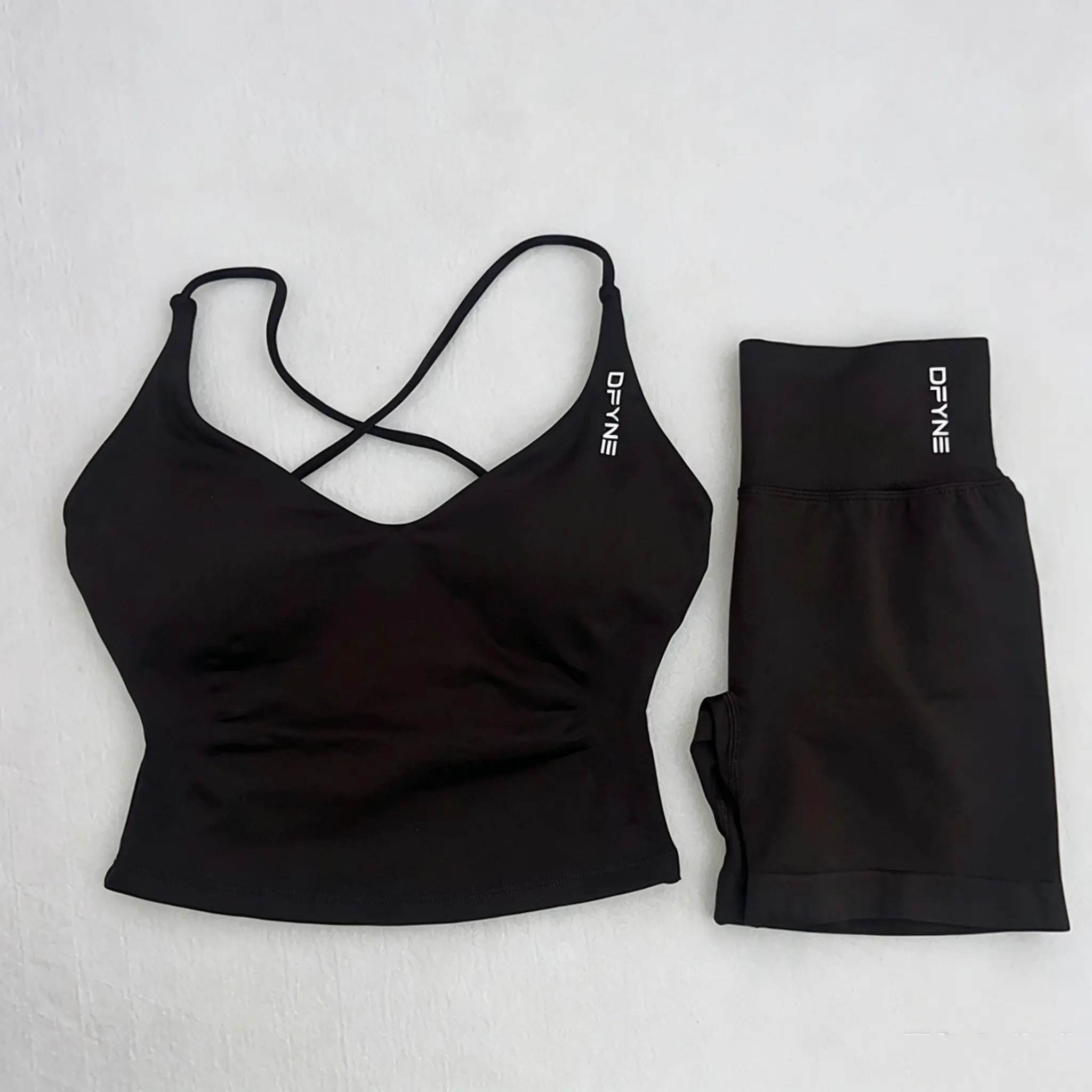 DFYNE Women's 2-Piece Seamless Workout Set - Criss Cross Strappy Back Padded Sports Crop Bra, High Waist Butt Lifting 3in Biker Shorts, Squat Proof Activewear for Yoga, Gym, Daily Wear