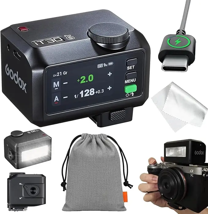 Godox iT30Pro TTL Mini Flash & Wireless Trigger, Compatible with Sony Canon Nikon Fujifilm Olympus Panasonic Leica Cameras, 2.4GHz X Wireless System, TTL HSS Flash & Receiver, HSS 1/8000 Second, 2.4G Wireless