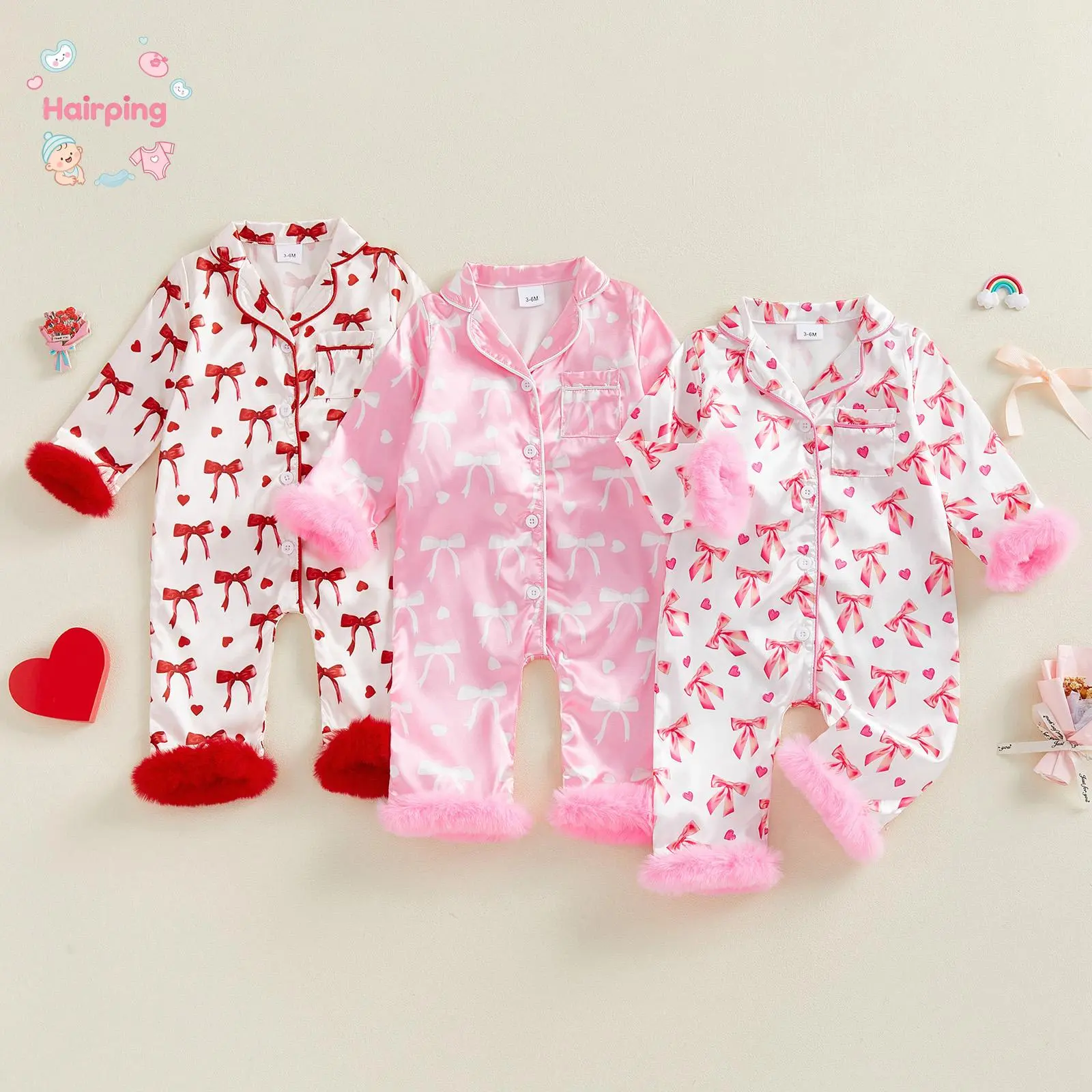 Newborn Baby Girl Valentine's Pajamas Set - V Neck Button-Up Lapel Long Sleeve Infant Sleeper with Bow Print, Soft Fur Trim, Breathable Soft Material, Easy to Dress (Infant Stuff, V Neck Shirt), Newborn Baby Stuff