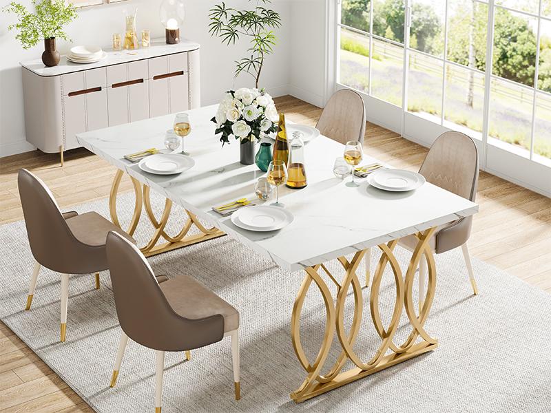 Tribesigns Modern Dining Table for 4-6 People, 63" Large Rectangular Kitchen Table with Faux Marble Tabletop and Gold Geometric Legs living room