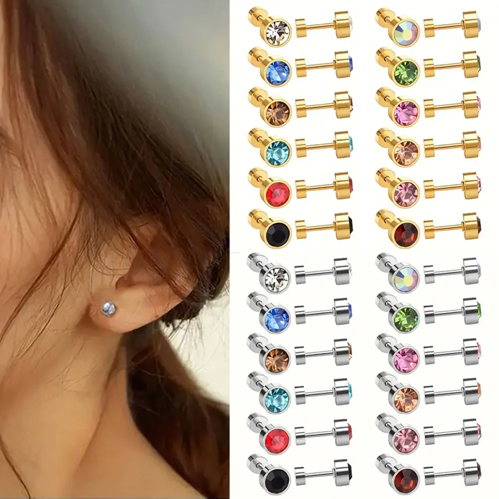 12/24 Pairs/Set Round CZ Clear Cubic Zirconia Cartilage Small Stud Earrings for Men Women Barbell Tragus Helix Screw Sleeper Surgical Steel Flat Back Piercing Studs Hypoallergenic 6mm