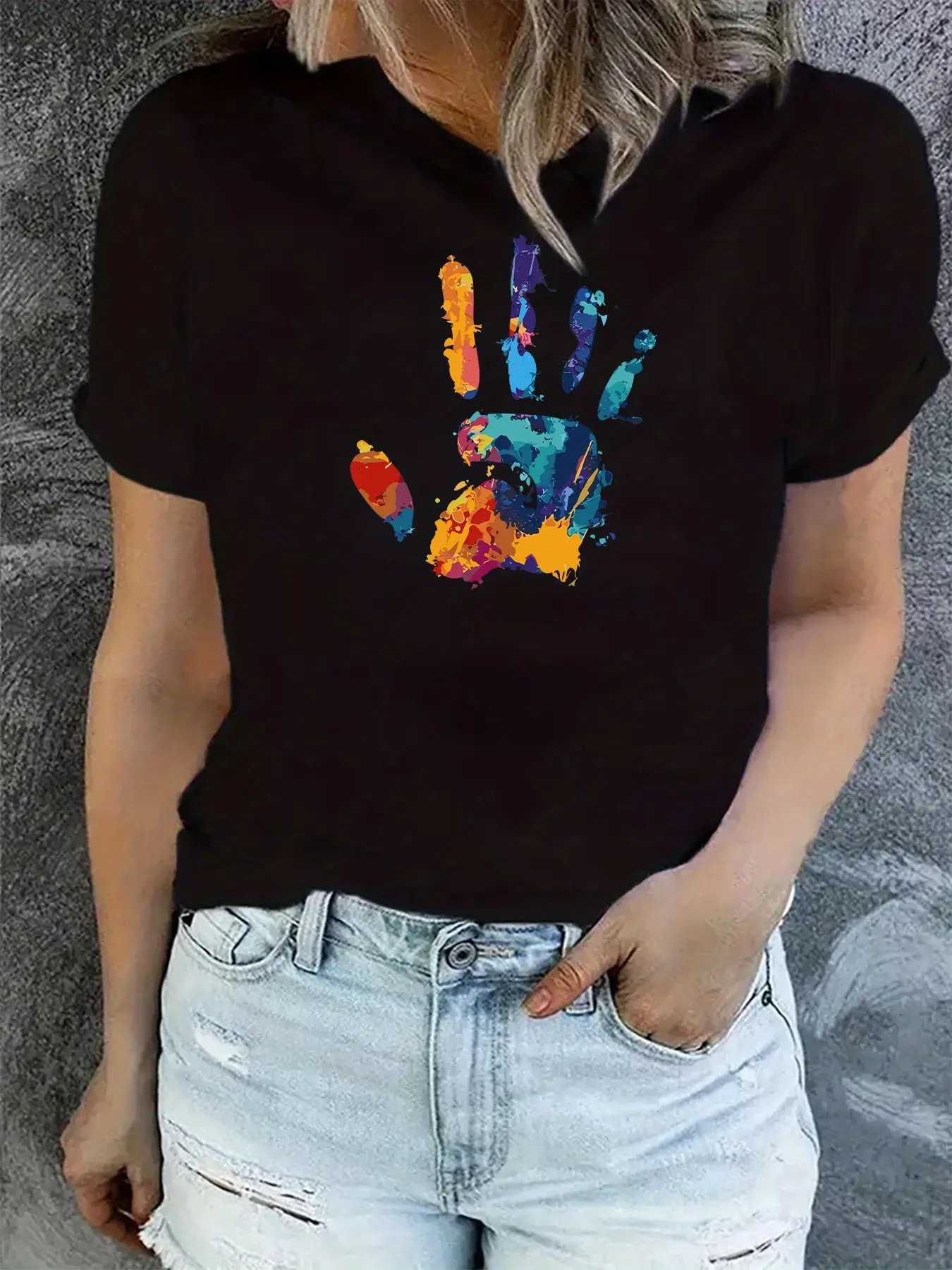 Women's Cotton Knitted Short Sleeve Round Neck Top - 1 Piece, Colorful Handprint Geometric Pattern, Breathable, Slight Elasticity, Comfortable Everyday Fit, Casual Sports Style, Machine Washable, All-Season Wear, Shortsleeve, Tshirt, Lady, Soft Fabric Wom
