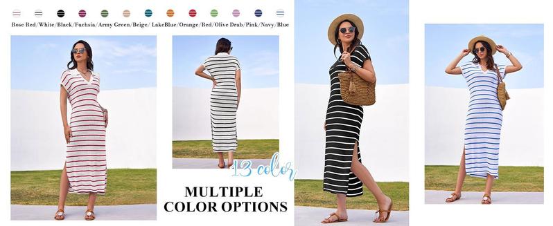 Imily Bela Womens Striped Summer Dresses Short Sleeve V Neck Knit Collared Sexy Slit Loose Maxi Sweater Dress