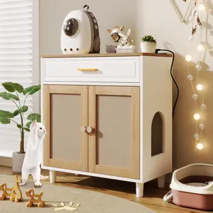 3-in-1 Cat Furniture, Cat Litter Box Enclosure with Cat Scratcher, Modern Cat House Side Table with Hidden Litter Box Storage, Indoor Cat Condo Furniture for Cats, Stylish Cat Cabinet with Scratching Pad for Living Room