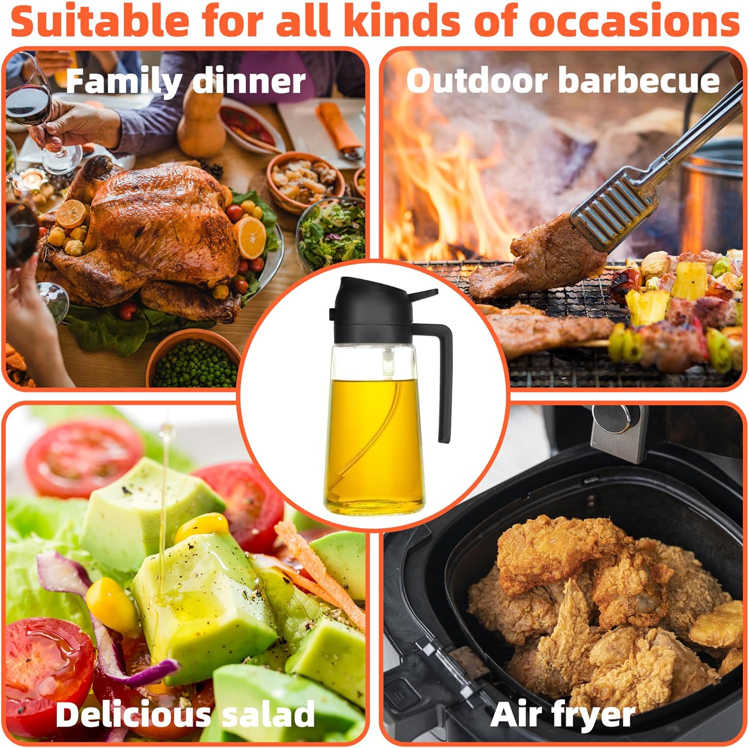 Oil Sprayer for Cooking - 2 in 1 Olive Oil Dispenser Bottle - Food-Grade Oil Mister for Air Fryer, Salads, Frying & BBQ (Black) Utensils Kitchen