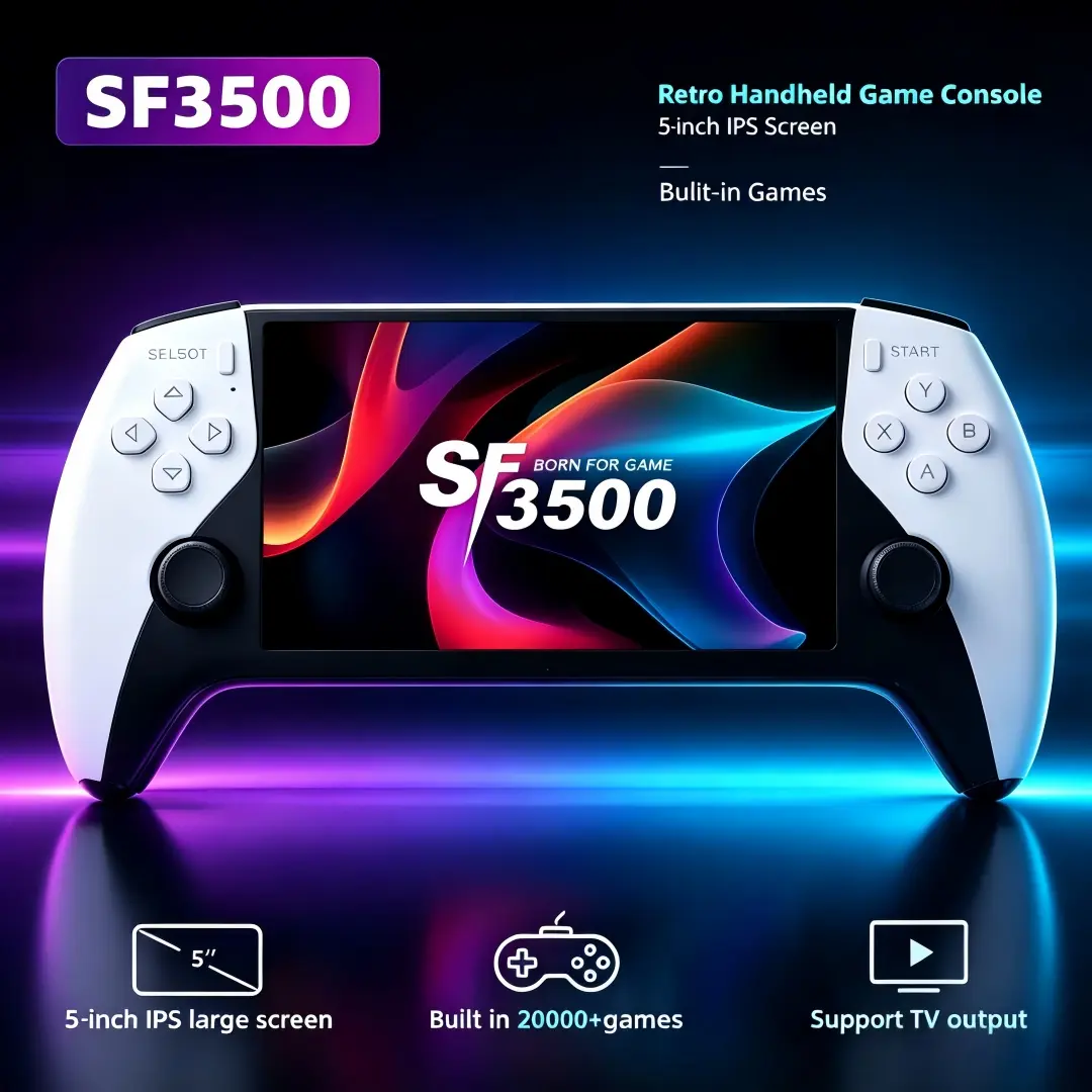 SF3500 Portable Retro Handheld Arcade Console - 5.1in HD IPS Screen, 14+ Built-in Emulators & High-Performance Chip, Mass Classic Games, TV Cable Support, Game Card Compatible, Wireless Charging Device, Ideal Birthday Gift for Gaming Enthusiasts, Usb, Vid