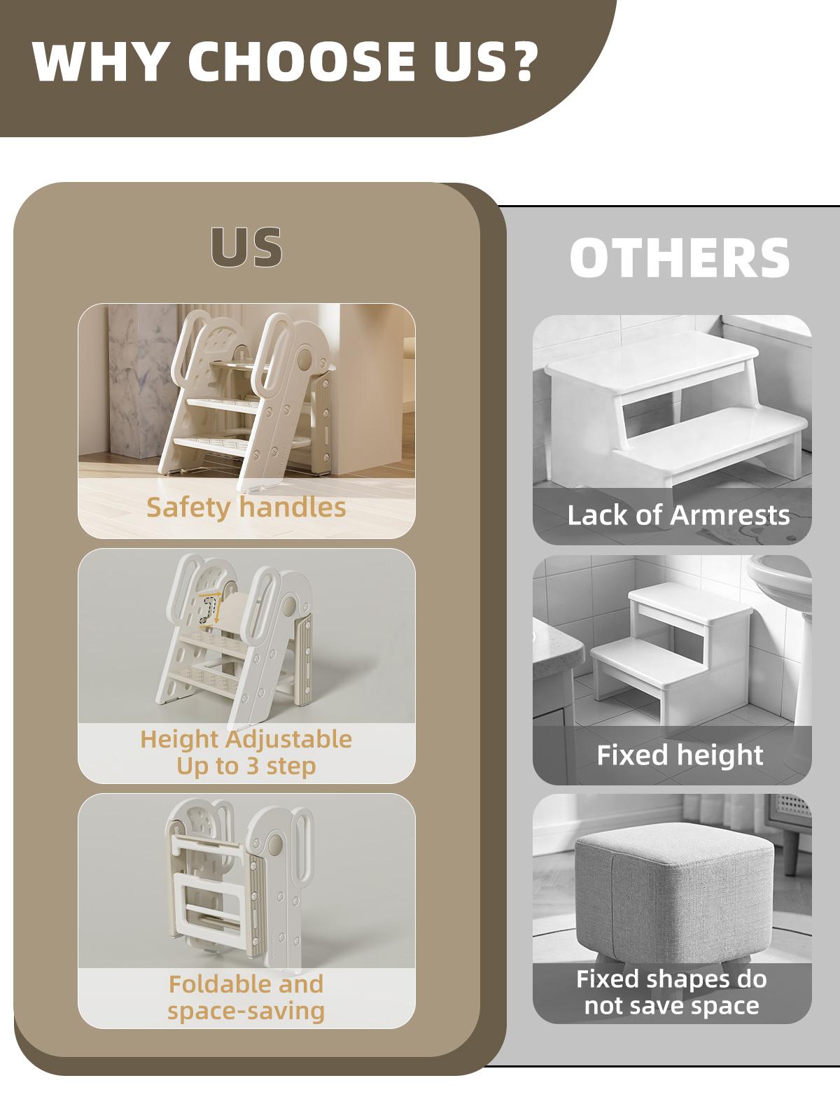 Toddler Step Stool for Bathroom Sink,Adjustable 3 Step Stop for Kids with Handles,Toilet Stool Potty Training,Foldable Step Stool for Bedroom Kitchen Counter,Plastic Ladder for Toddlers Beige