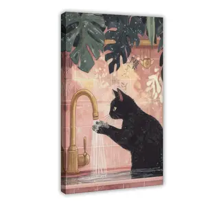 Pink Wash Your Little Paws Poster, Funny Cat Bathroom Print Black Cat Decor Hilarious Vibes Prints, Toilet Wall Art