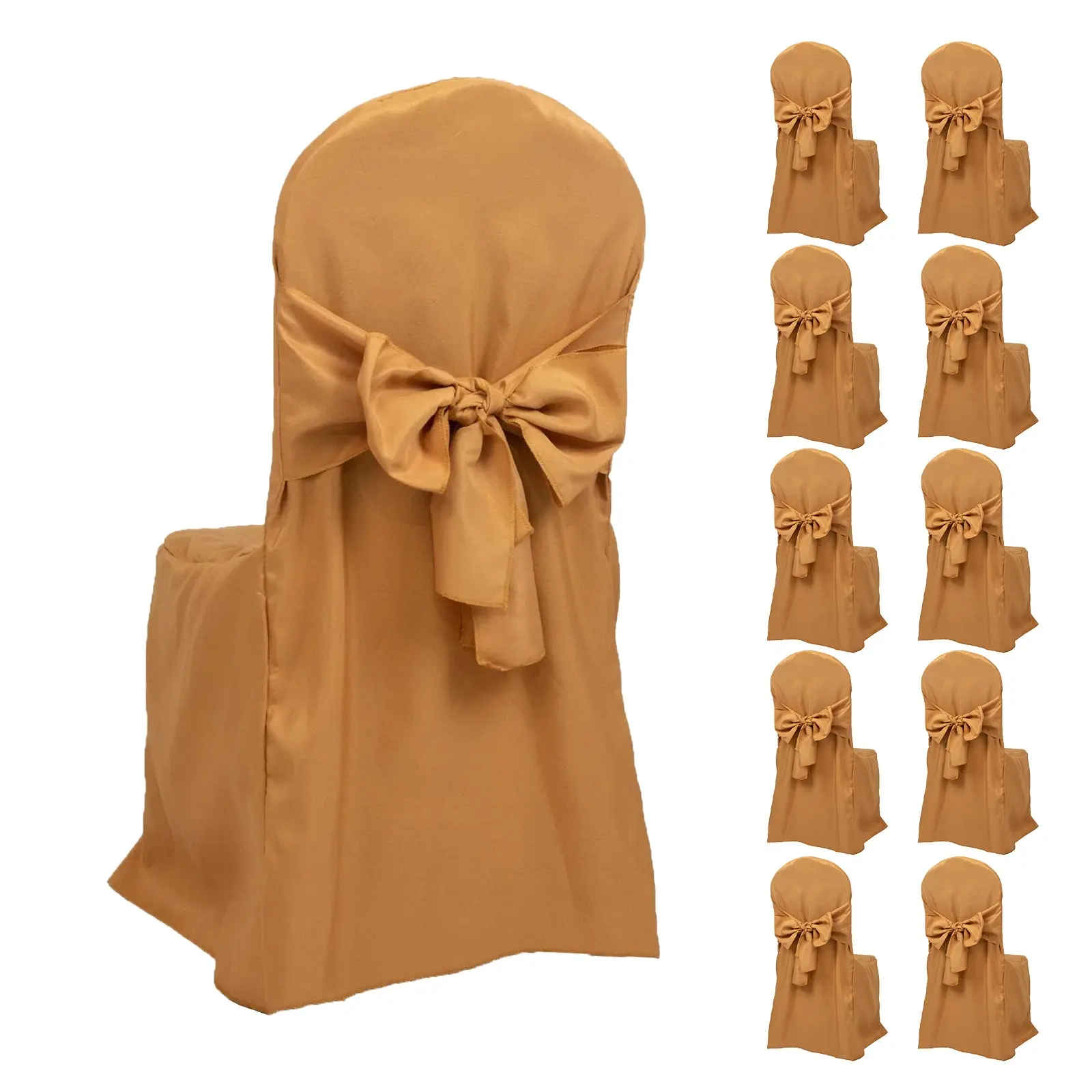 10-Pack Polyester Chair Covers Set with Attached Sashes - Gold, Reusable, Stain-Resistant, Machine Washable Slip-On Covers for Standard Banquet Chairs, Round-Top/Crown-Back, Wedding Decor, Washable Chair Slipcovers, Chair Cover Tie