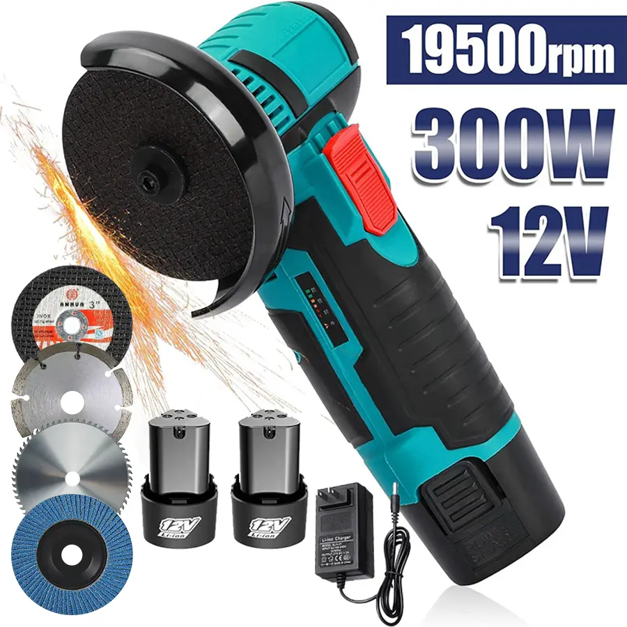 【DealsForYouDays】12V Cordless Mini Brushless Angle Grinder Kit with 4 Gutting Blades,2 pcs 12V 1500mAh Batteries 19500 RPM/Min,for Cutting Grinding Polishing Electric Heavy Duty Handle Power Tools,Blackfriday,Christmas Gift