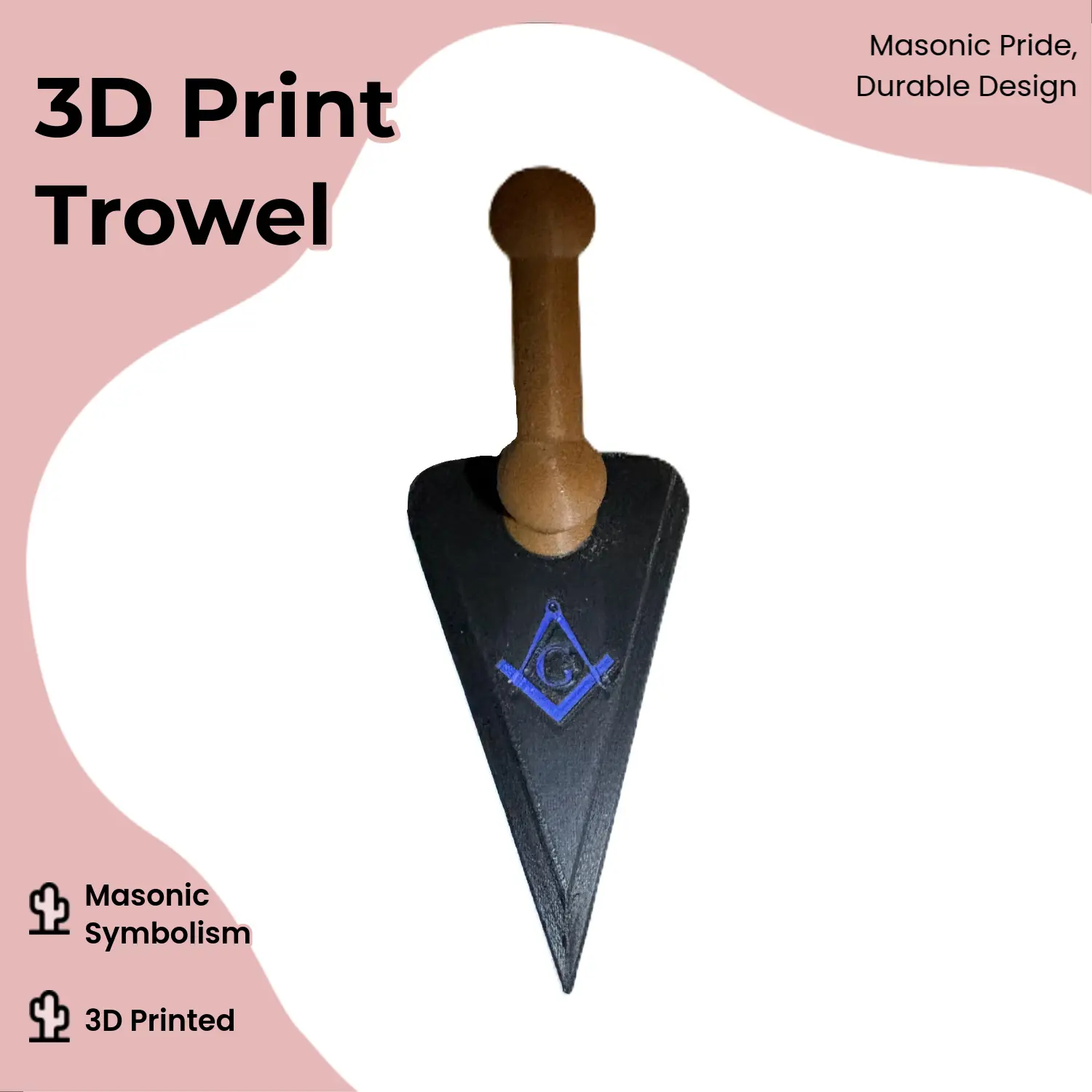 Masonic 3D Printed Trowel with Square & Compass Embedded Blade by Past Master Mason for Freemasons Masonic Decor