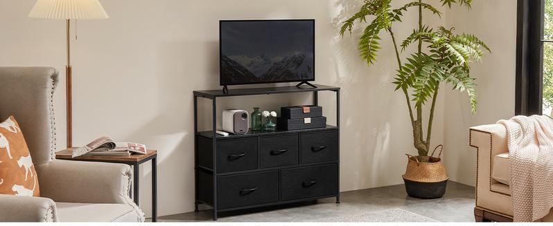 Dresser TV Stand, Entertainment Center with 5 Fabric Drawers, Media Console Table for TV with Open Storage Shelf Dresser