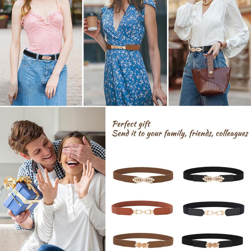 AWAYTR Skinny Belts for Women Dresses Retro Double Knot Buckle Stretchy Elastic Waist Belts for Jeans Dresses 2Pcs/Set