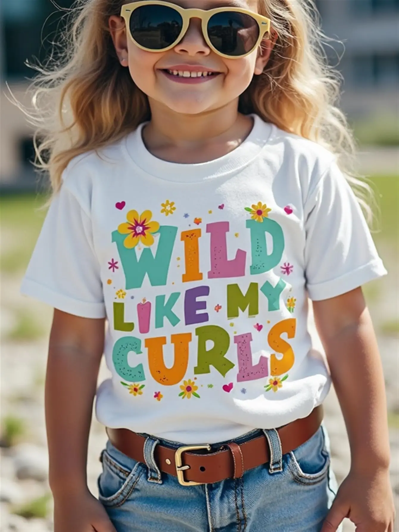 PUEMCO Girls' Fitted Cotton Graphic Tees - Short Sleeve Round Neck, Colorful Curl Lettering & Floral Hair Clips Design, Soft Stretch Easy-Care Knit Cotton Clothing, 2-3y/3-4y/4-5y/5-6y/6-7y/7-8y All Seasons Casual/Birthday Party Outfits