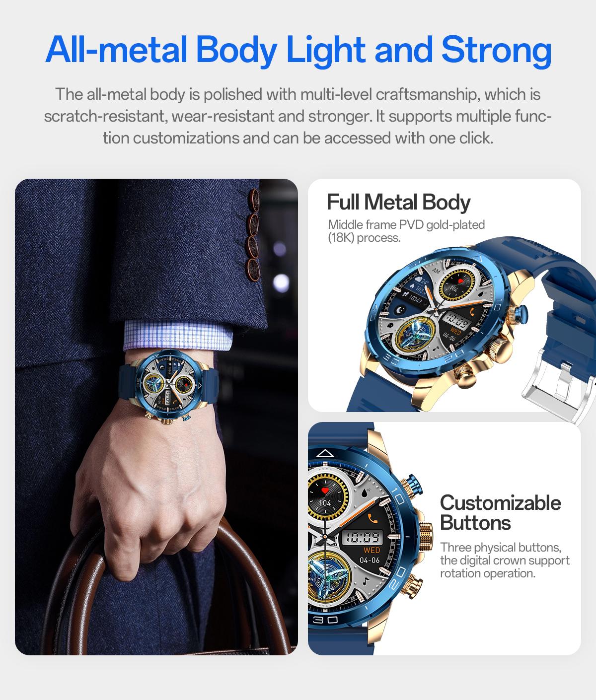 【GOLD-PLATED & FULL METAL BODY】Aolon Luxor Smart Business Watch, IP68 waterproof, with running speed tracking, DIY health monitoring, outdoor sports features, 128MB memory, and up to 26 days standby.