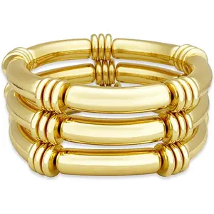 5PCS Gold Chunky Bangles Bracelets for Women Plated Stackable Layered Curved Bamboo Tube Stretch Bracelets Bangle Gift Jewelry