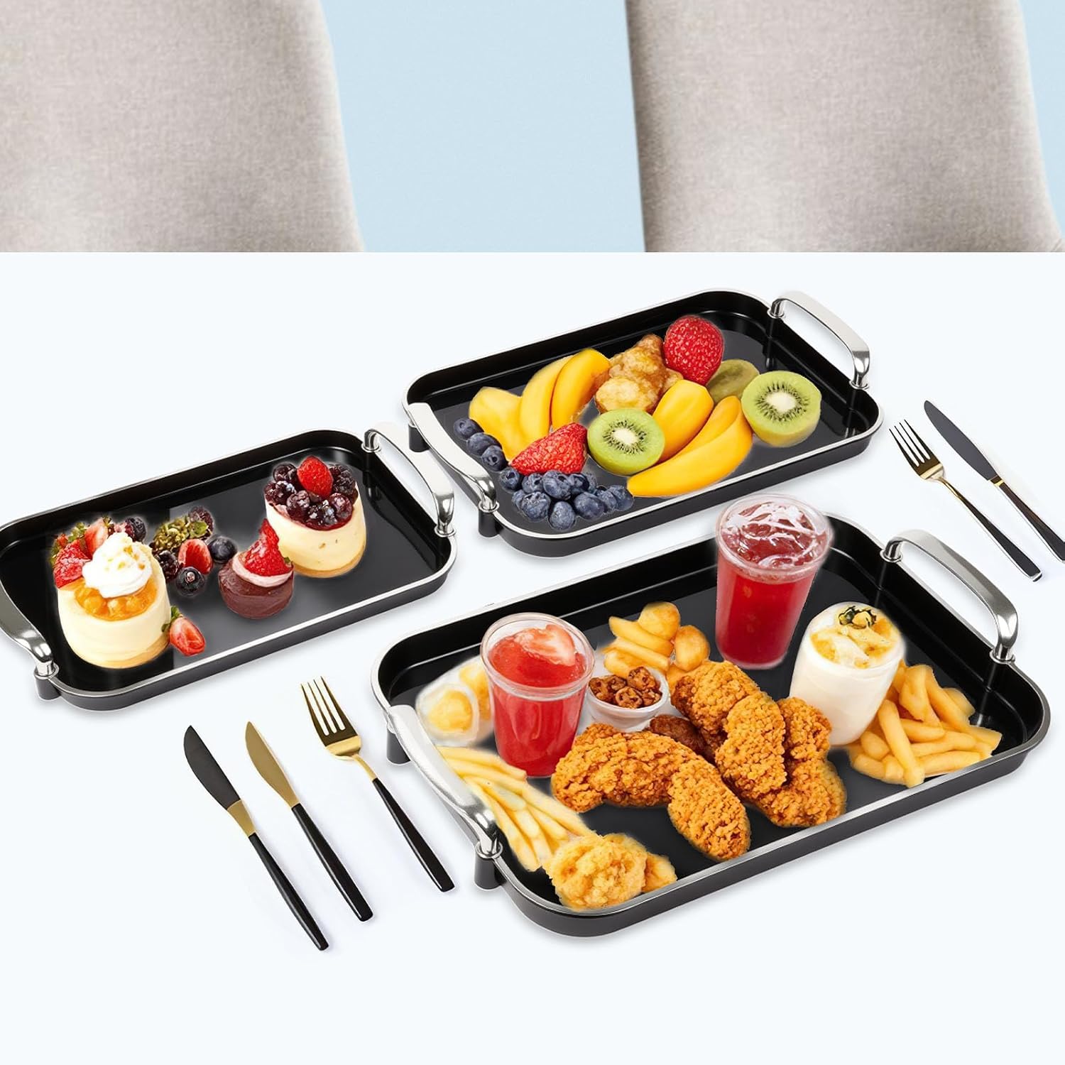 3 Pack Serving Tray with Handles Stackable Reusable Trays for Serving Food Plastic Serving Platters for birthday Party Charcuterie Fruit Appetizer BBQ Pool snacktray Mother's day gift