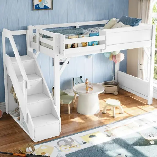 Bellemave Glam Solid Wood Loft Bed - Antique Natural + MDF + Pine + Plywood + Full, Built-in Wardrobe, Integrated Storage, Beside Shelves, Full-Length Guardrails, Stairs, 165.35 lbs, 95.60x46.60x59.00 Inches, All Seasons, No Box Spring Needed, Assembly Re