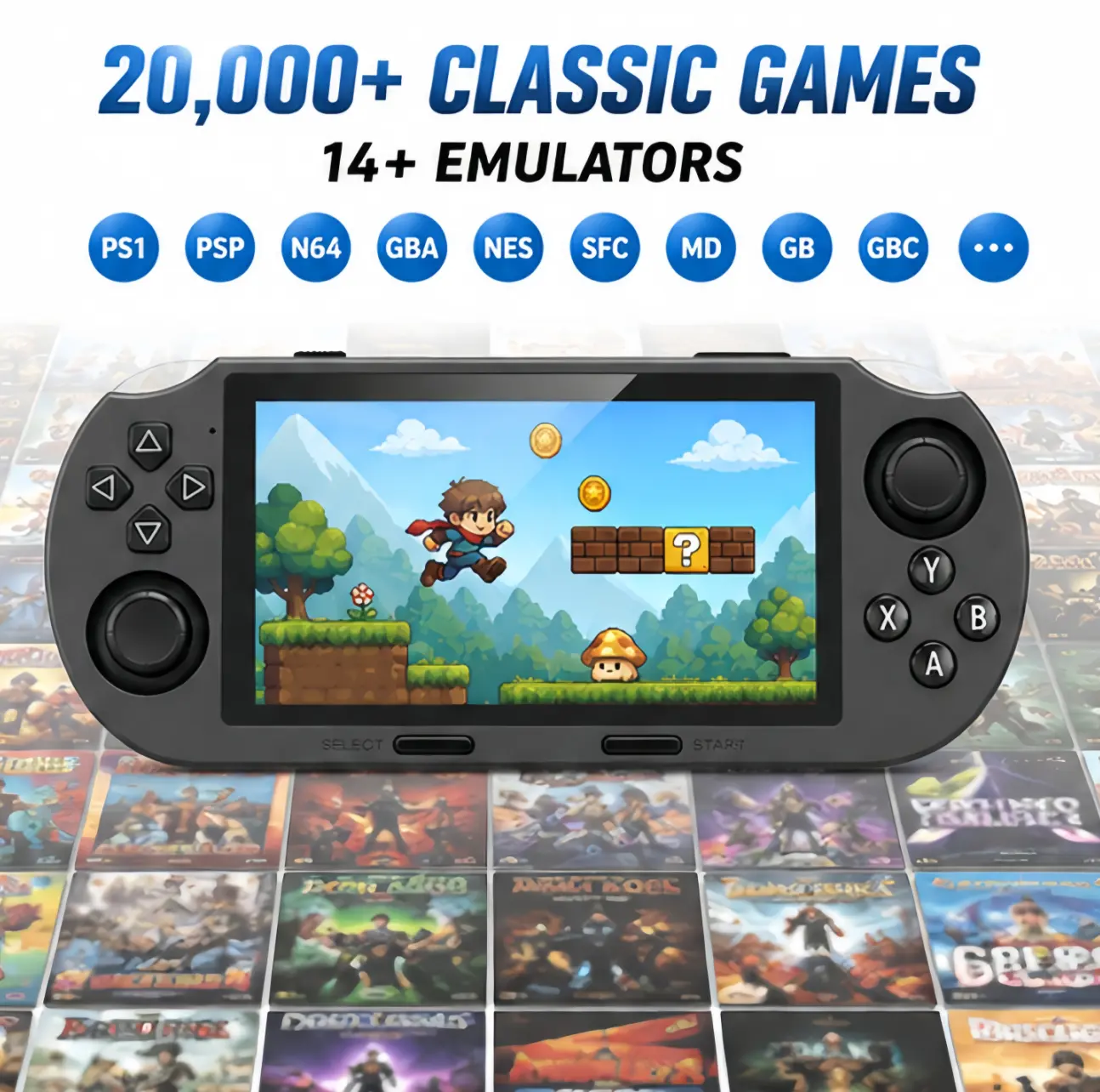 SF3000 Portable Retro Handheld Video Game Console, 4.5-Inch IPS Display, 64GB Memory, 20,000+ Classic Arcade Games, 14+ Emulators, HDMI Output, 3000mAh Battery, Dual Wireless Controllers, 3D Joystick