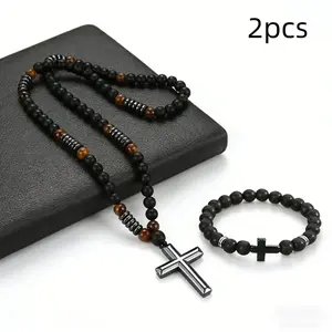 8mm Black Obsidian Tiger-eye Beaded Necklace&bracelet with Hematite Cross Pendant for Men Natural Stone Africa Turquoise and Tiger-eye Beads Cross Pendant