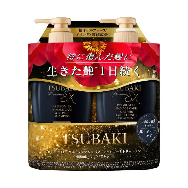 EX Black Tsubaki Intense Damage Repair Haircare Set - Camellia Scent Cleanser, Oil-Infused Restorative Conditioner (400ml + 400ml) for Glossy Hair