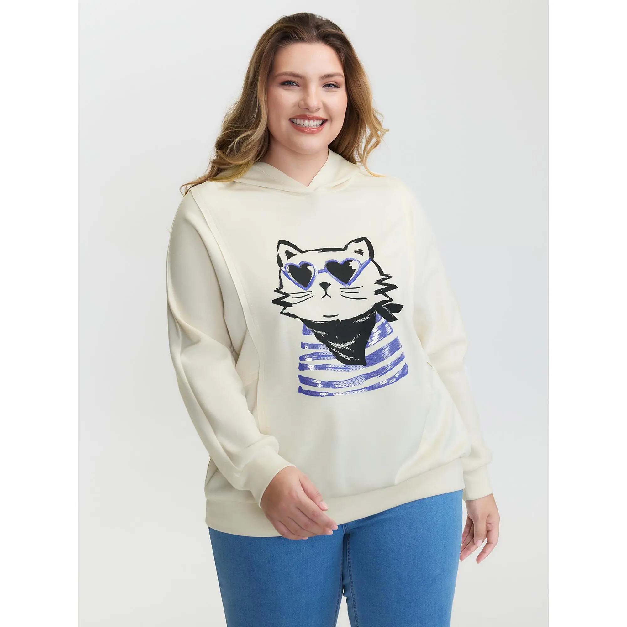 【Hooded & Cozy】Bloomchic Supersoft Cat Embroidered Sequin Hoodie Fit Long Sleeve Swimweek[M-6X]Summerfinds Fit Sweatshirts