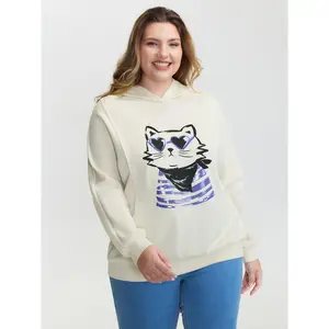 【Hooded & Cozy】Bloomchic Supersoft Cat Embroidered Sequin Hoodie Fit Long Sleeve Swimweek