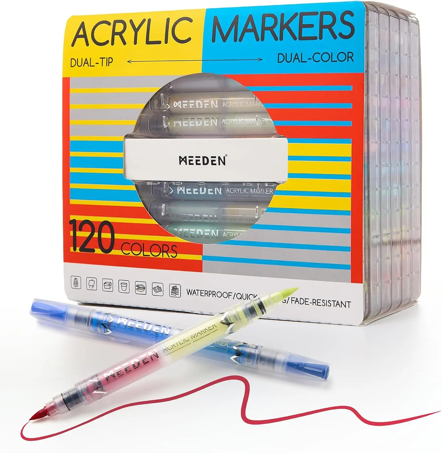 MEEDEN Dual-Color Acrylic Paint Markers Set - 120/96/48 Colors Brush Tip Acrylic Brush Marker Drawing & Painting Supplies with Automatic Ink Control, Beginner Friendly Assorted Colored Doodle Art Tools for Artists, Quick Dry for Rock, Wood