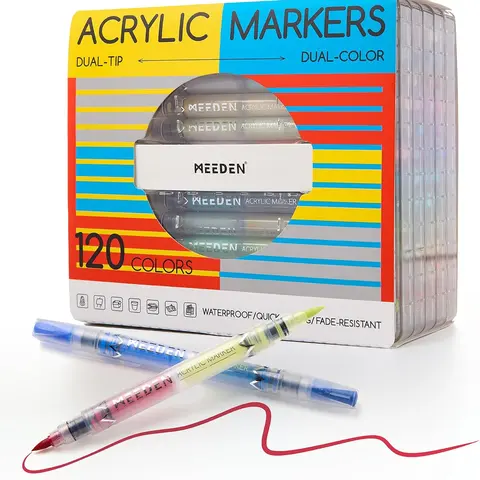 MEEDEN Dual-Color Acrylic Color Marker Set - 120/96/48 Count, 0.5-6mm Brush Tip, Automatic Ink Control, Quick Dry, High-Saturation Paint, Large-Capacity Ink, Office Stationery for DIY & Decorative Crafts