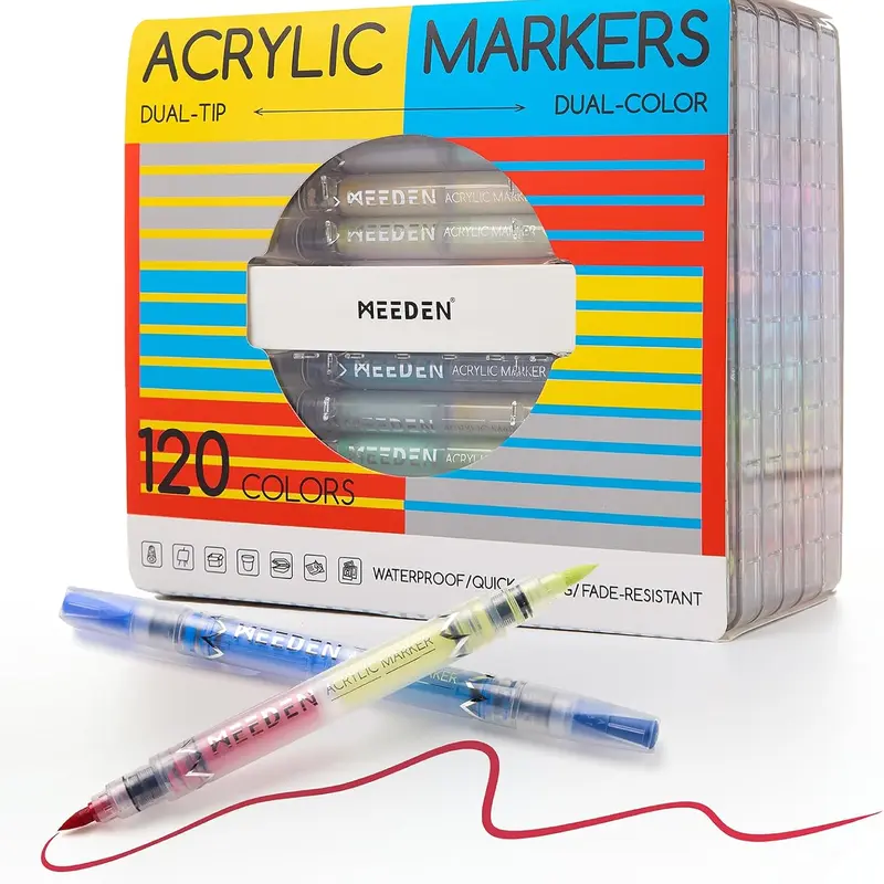 MEEDEN Dual-Color Acrylic Color Marker Set - 120/96/48 Count, 0.5-6mm Brush Tip, Automatic Ink Control, Quick Dry, High-Saturation Paint, Large-Capacity Ink, Office Stationery for DIY & Decorative Crafts