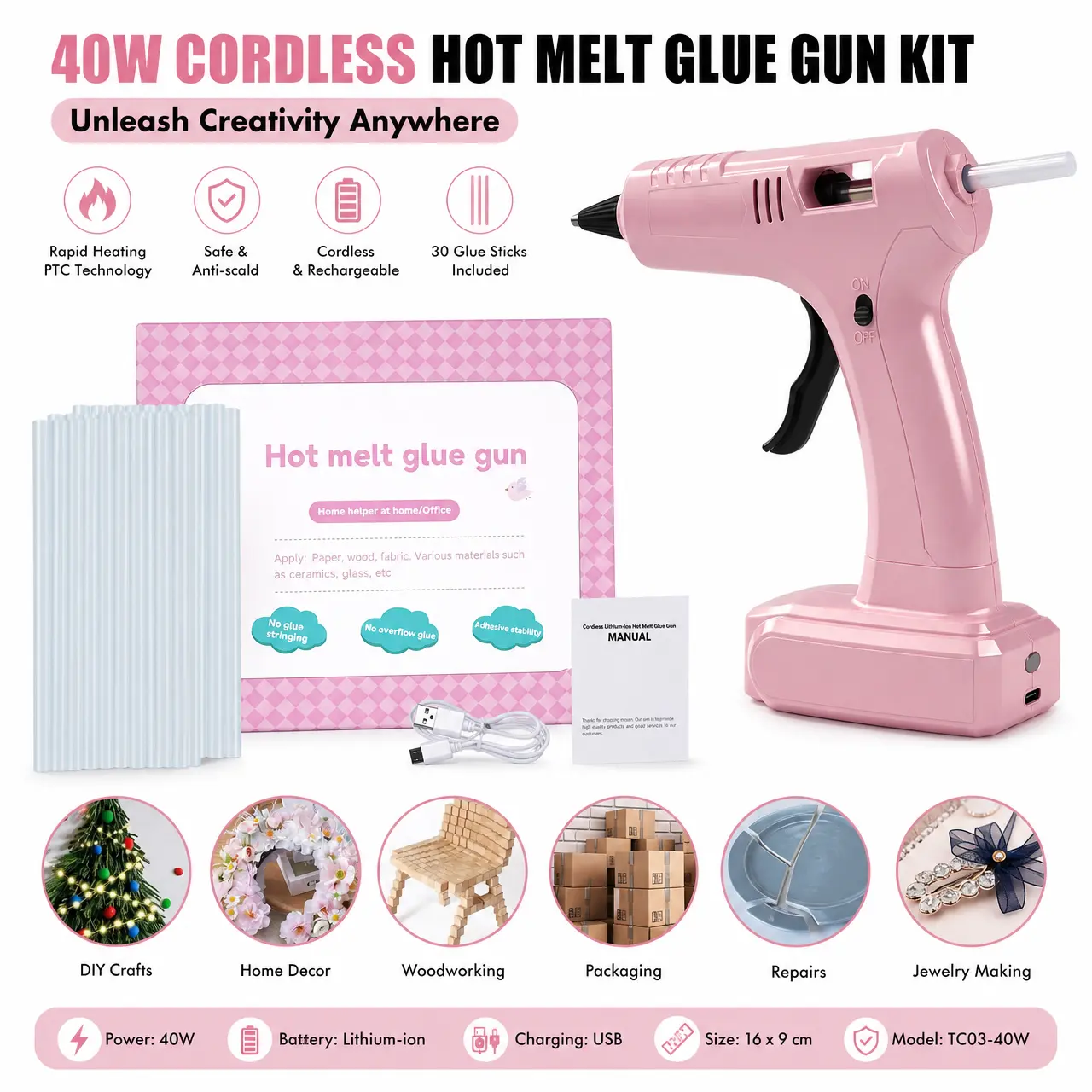 Cordless 40W Glue Gun Tool Set - PTC Fast Heating, Aluminum Nozzle, 30 Glue Refills, Ideal for DIY Gifts, Minor Fixes