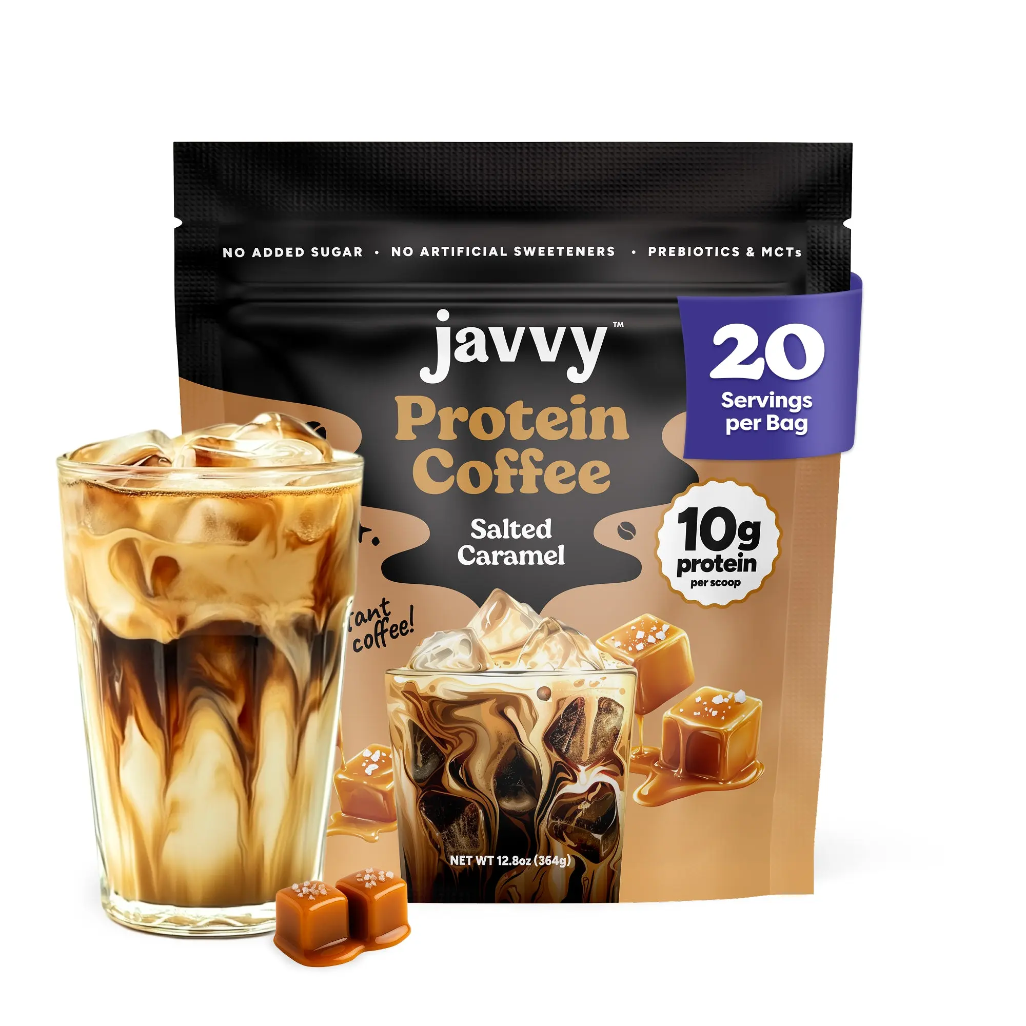 Javvy Salted Caramel Protein Iced Coffee Drink - Premium Whey Protein, 100% Natural Cold Brew Bean, 80 mg Caffeine, No Artificial Flavors, No Sweeteners, No Added Sugar, Instant, 20 Servings
