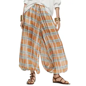 Tankaneo Womens Checkered Harem Pants Striped Wide Leg Drawstring Elastic Waist Balloon Pants with Pockets