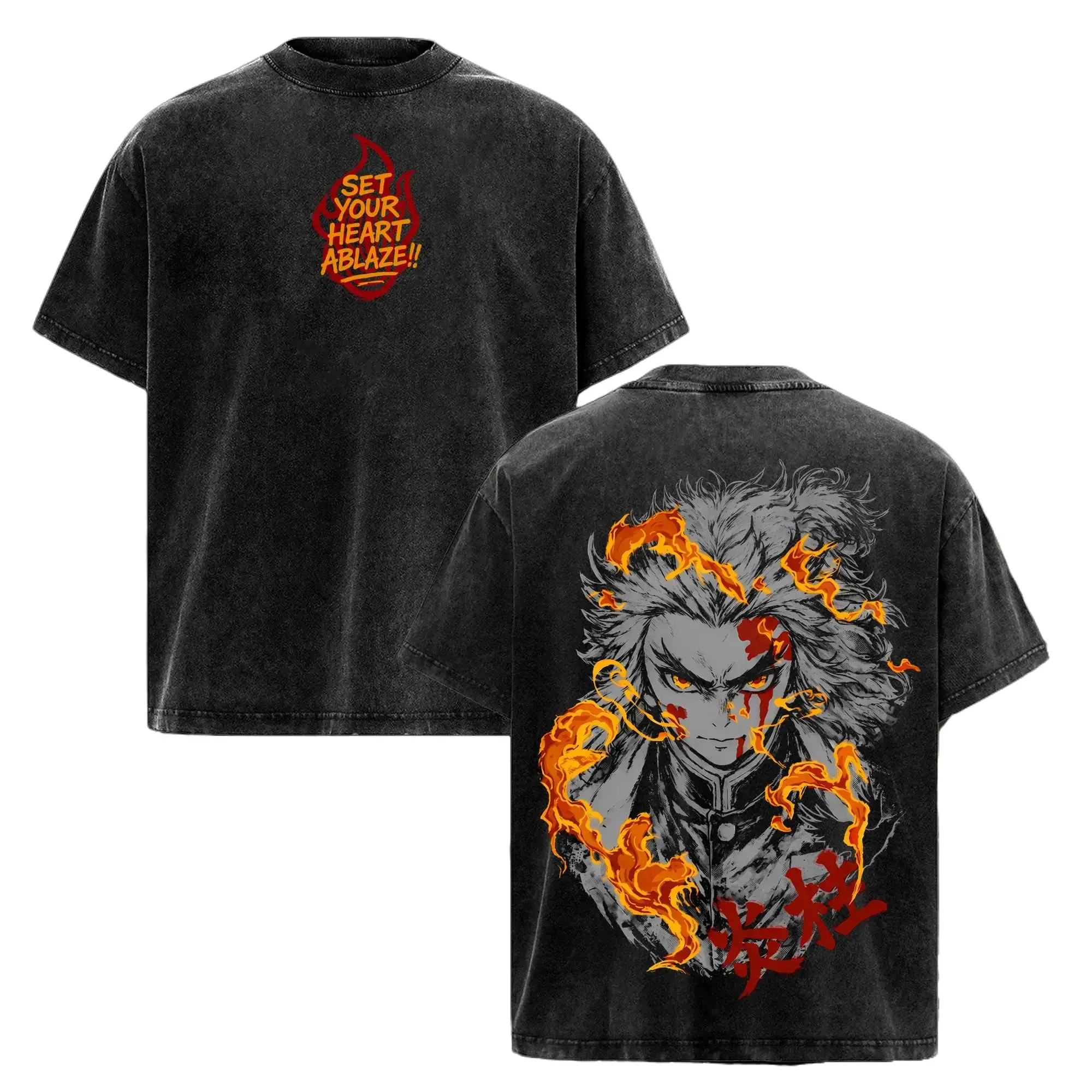 Men's Rengoku Graphic T-Shirt - Vintage Washed Soft Cotton Fabric, Unisex Casual Loose-Fit Top for Manga Fans, Tshirt