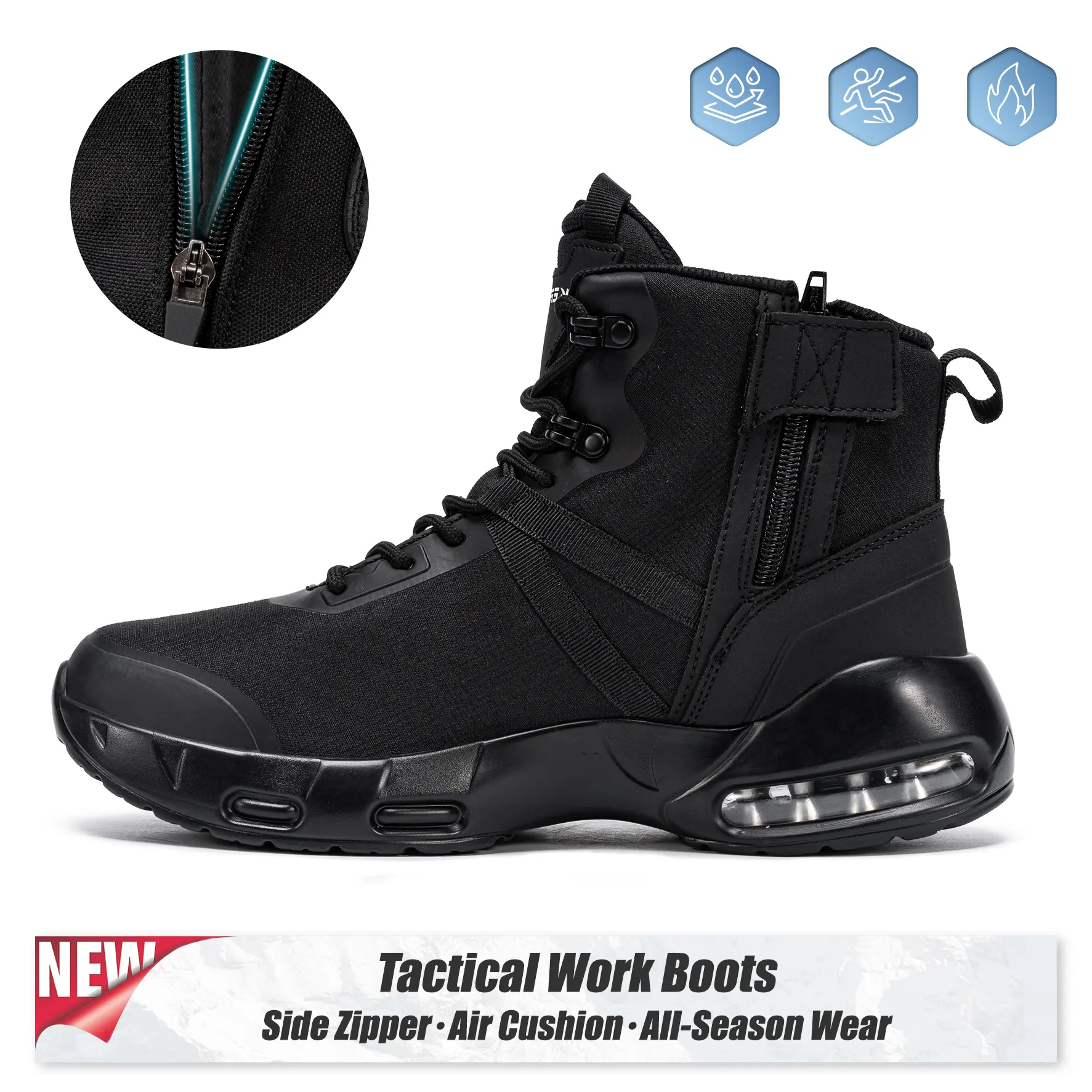 【SohoChic】Unisex 6‑In Microfiber Leather Tactical Work Boots,Side Zipper,Waterproof Breathable Dustproof,SRC Slip‑Resistant PU Sole,Shock‑Absorbing Air Cushion Arch & Ankle Support,Lightweight All‑Season Duty Shoes for EMT Work,Hiking,Daily Wear