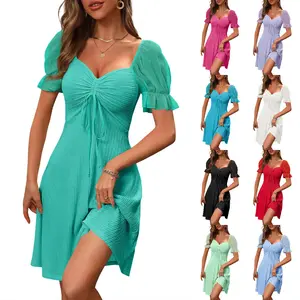 LAICIGO Womens Summer Sweet Short Puff Sleeve Cute Mini Dress Cozy Drawstring Sweetheart Neck Casual Slim Flowy Sundress