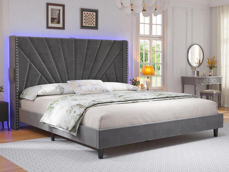Raybee Full/ Queen/King Size Bed Frame with 51" Velvet Upholstered Headboard, up to 900 LBS ,Platform Bedframe with Charging Station and LED Lights, Wingback Headboard, No Box Spring Needed, Noise-Free[Black Friday]