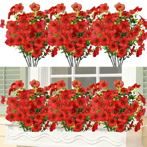 Artificial Fake Flowers for Outdoor Spring Decoration, 10 Bundles Faux Silk Colorful Daisy UV Resistant Realistic for Outside Porch Patio Home Yard Garden Planters Pots Window Box (Red)