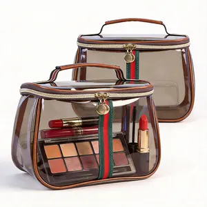New Retro Vintage Vanity Bag 1-2PCS Large Capacity Makeup Organizer for Women Waterproof Transparent Toiletry Bag Portable Multifunctional Skincare Storage Case for Daily & Travel Use Brown