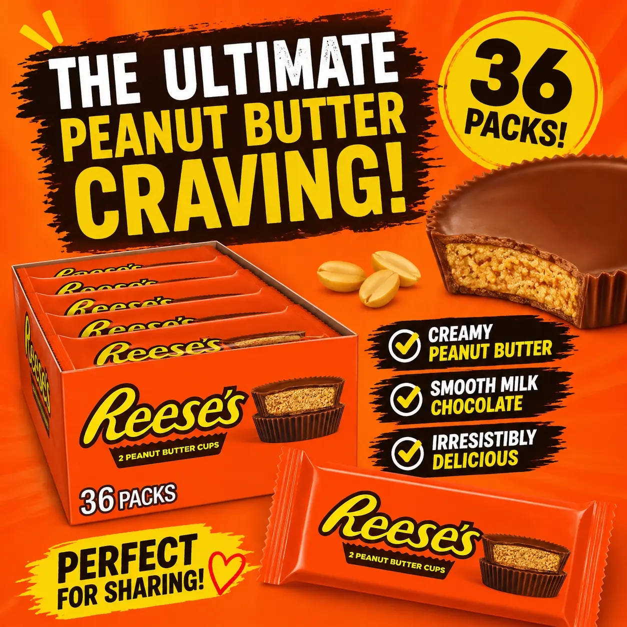 Reese's Peanut Butter Cups 36 Count  Milk Chocolate & Peanut Butter Candy | Individually Wrapped Classic Treats for Parties & Sharing